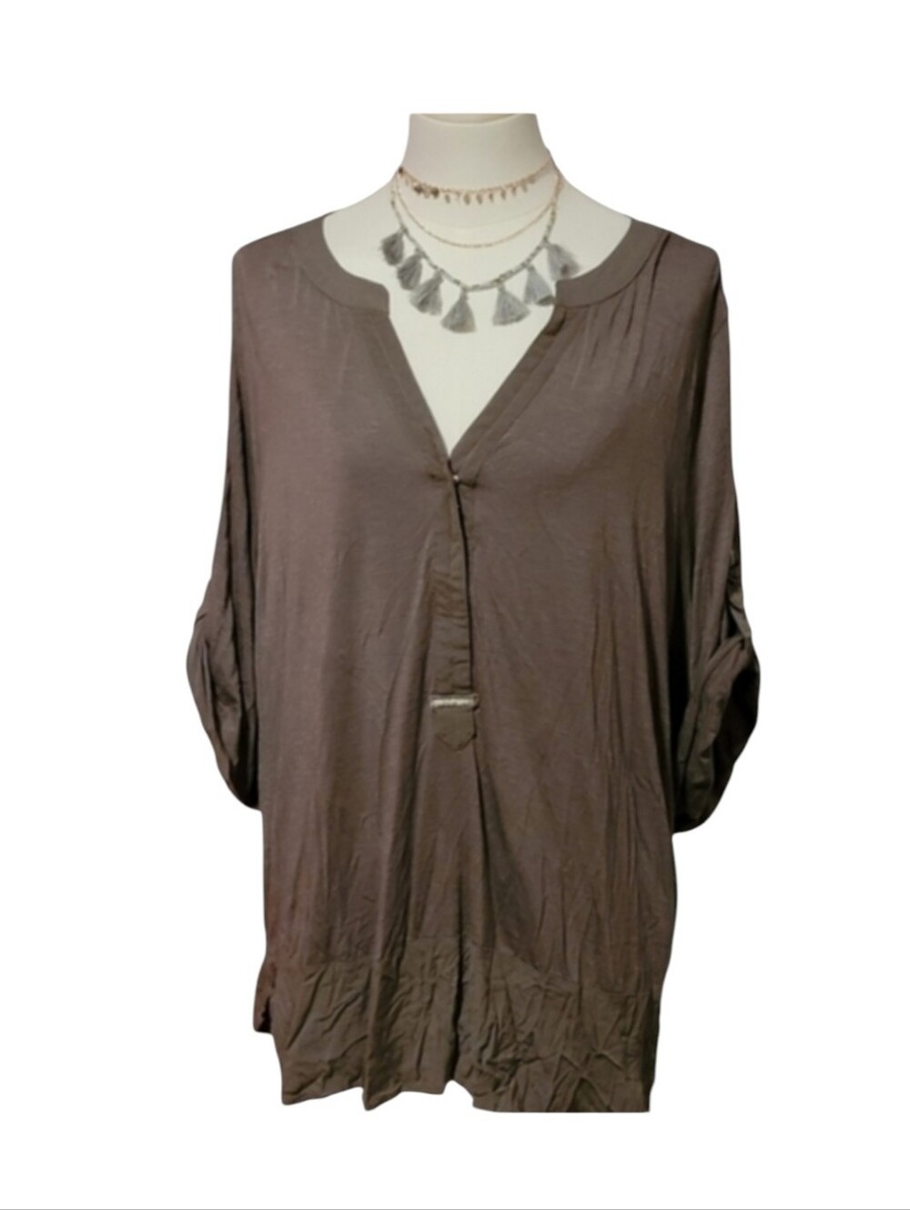 Democracy Taupe Cuffed Quarter Sleeve Blouse With Metal Decor Size 1X Plus
